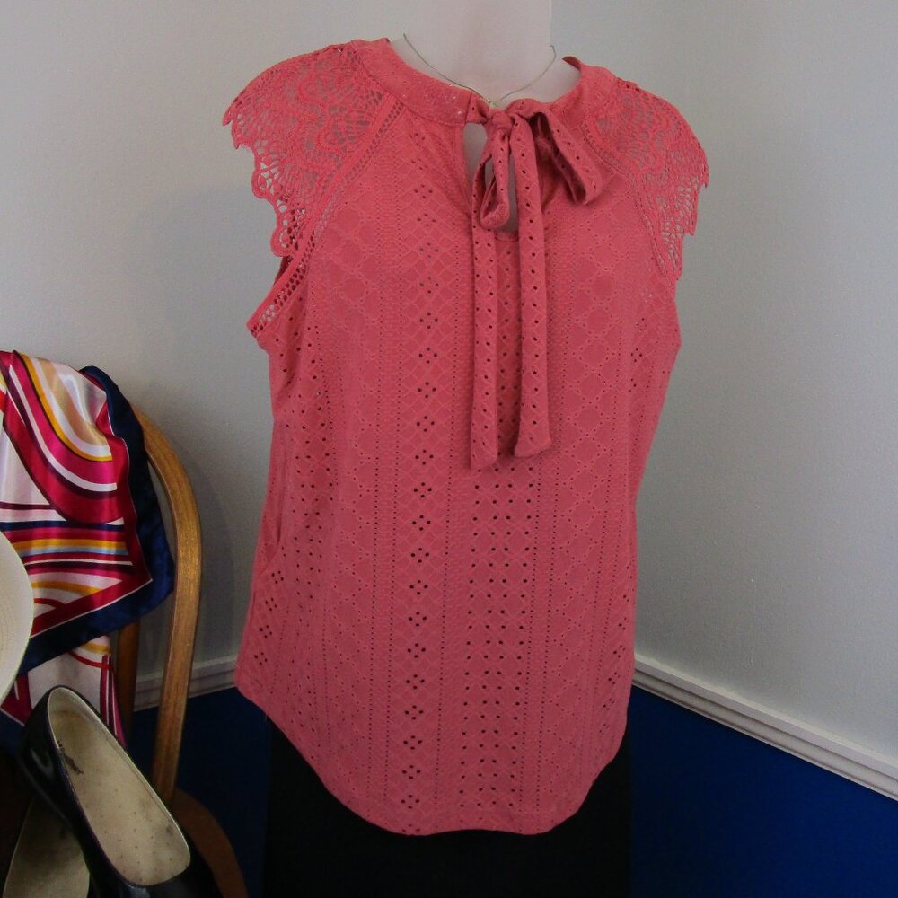 NWT SHEIN Coral Eyelet Lace Bowtie Cap Sleeve Top